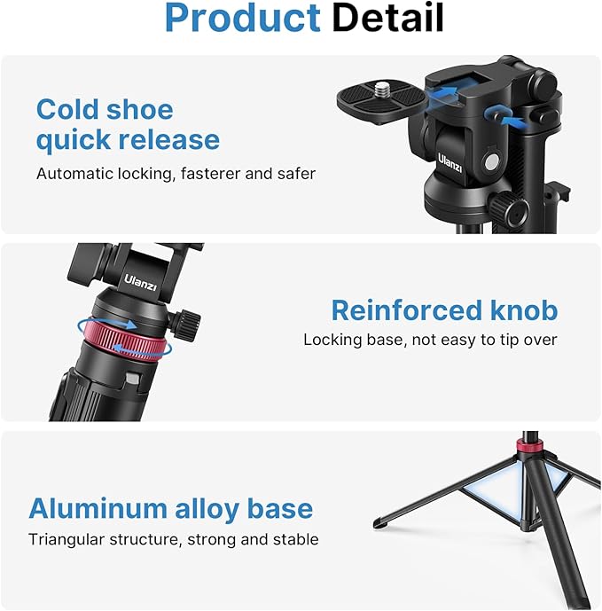 ULANZI MT-78 Extendable Phone Tripod, Metal 72.83" Selfie Stick Camera Tripod Stand with 2 in 1 Phone Clip, 360° Ball Head Camera Tripod with Cold Shoe for iPhone Sony Canon, Lightweight for Travel