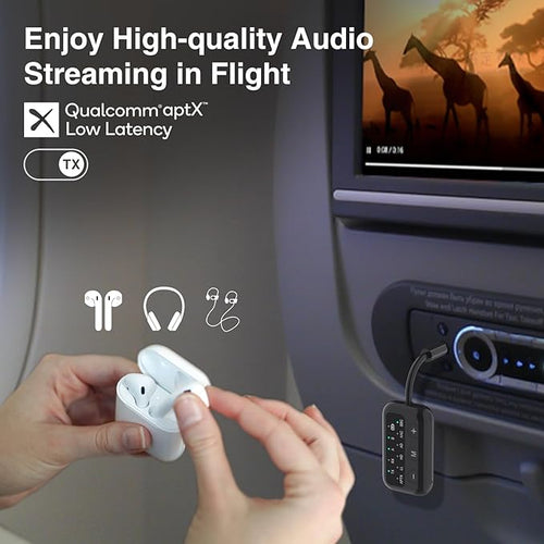 1Mii SafeFly Dot-Bluetooth 5.3 Transmitter Receiver for up 2 Headphones,AptX Low Latency/HD,Plane Travel Essentials,Wireless Audio Bluetooth Airplane Adapter for Flight,TV,Car,PC (Black)