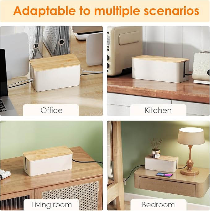 DELAMU 2 Pack Cable Management Box, Safe ABS Wood Grain Desk Medium and Small Cord Organizer, Baby Pet Proof Lock Cord Box Hider for USB Hub TV Wires Computer Desks and Power Strips