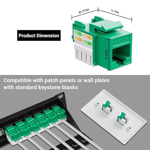 iwillink 10Gbps Cat6 Keystone Jack 10-Pack, RJ45 Keystone Jack, 90-Degree Ethernet Keystone Coupler, Punch Down Keystone Jack Adapter (Green)