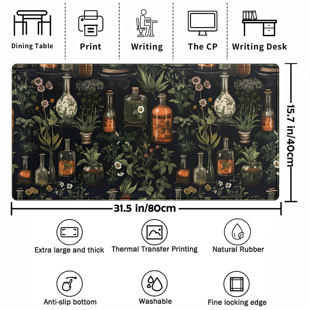 Black Aesthetics Desk Mat Mouse Pad Large Gaming Mouse Pad Desk Pad Mousepad, Mystical Green Plant Computer Laptop Keyboard and Mouse Mat, Desktop Protector Mat for Women Girl Office 31.5x15.8 in