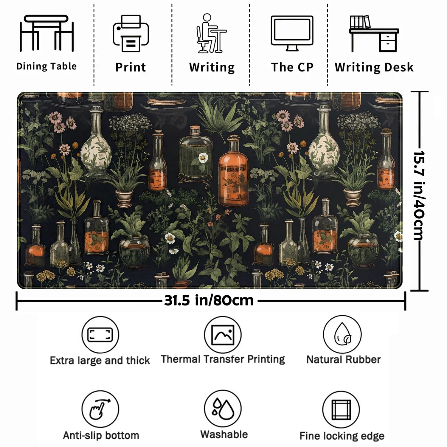 Black Aesthetics Desk Mat Mouse Pad Large Gaming Mouse Pad Desk Pad Mousepad, Mystical Green Plant Computer Laptop Keyboard and Mouse Mat, Desktop Protector Mat for Women Girl Office 31.5x15.8 in
