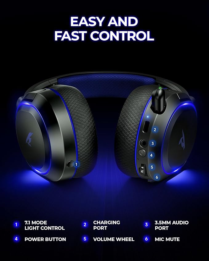 Wireless Gaming Headset, 7.1 Surround Sound, 2.4GHz USB Gaming Headphones with Bluetooth 5.4, 100H Battery, ENC Noise Canceling Mic, RGB Light, Wireless Headset for PC PS5 PS4 Mac Switch (Black-Blue)