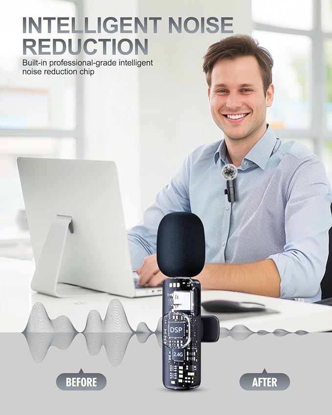 PQRQP 3 in 1 Professional Wireless Lavalier Microphone for iPhone, Android, Camera, Wireless Microphones, Mini Microphone, Crystal Clear Sound Quality for Recording, Live Streaming, YouTube, TikTok