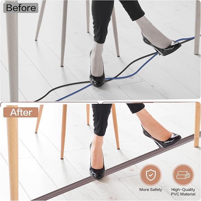Floor Cord Cover Self Adhesive Cord Hider Floor Extension Cord Covers for Floor Power Cord Protector Cable Management Prevent Cable Trips Cable Cavity 0.47" W x 0.27" H (Brown Walnut Wood, 10Ft)