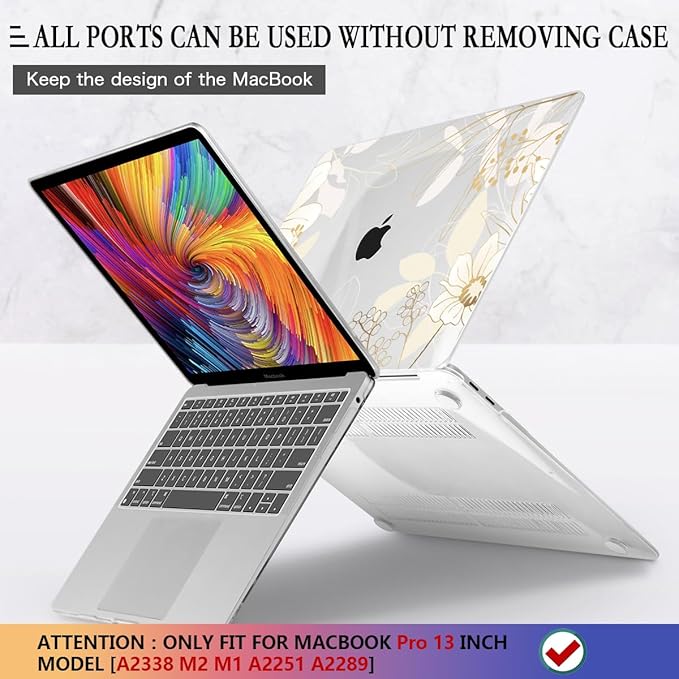 CISSOOK Compatible with M2 MacBook Pro 13 Inch Case 2025-2020 Release M1 M2 A2338 A2289 A2251, Plastic Hard Shell Case & Keyboard Cover for MacBook Pro 13 with Touch Bar, Golden Flowers