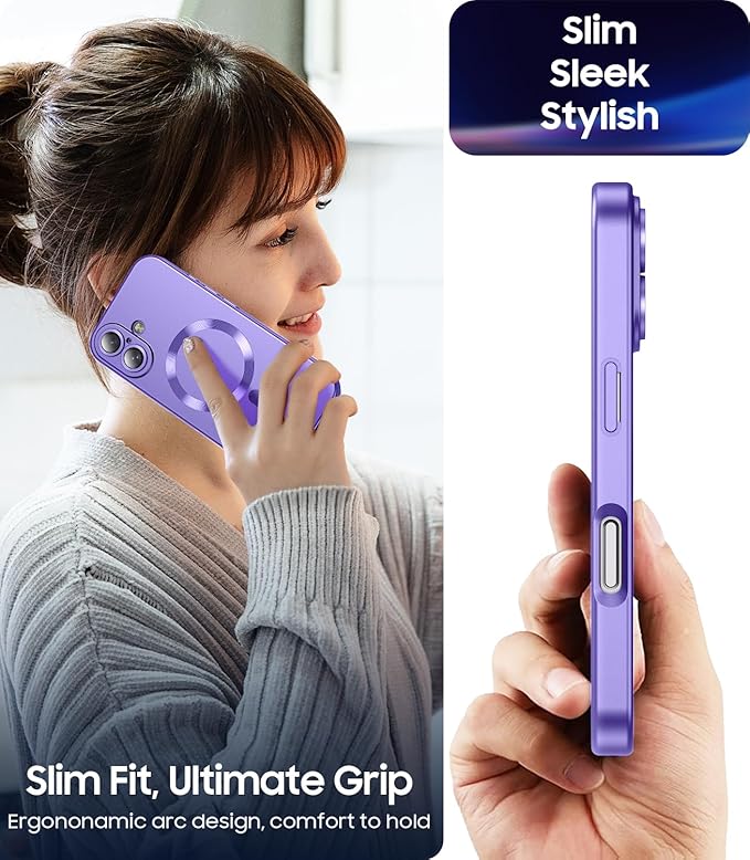 LEKEVO Magnetic for iPhone 16 Plus Case [Compatible with MagSafe][Built-in Camera Lens Protector] Slim Soft Silicone Bumper Shockproof Metallic Luster Phone Case (Purple)
