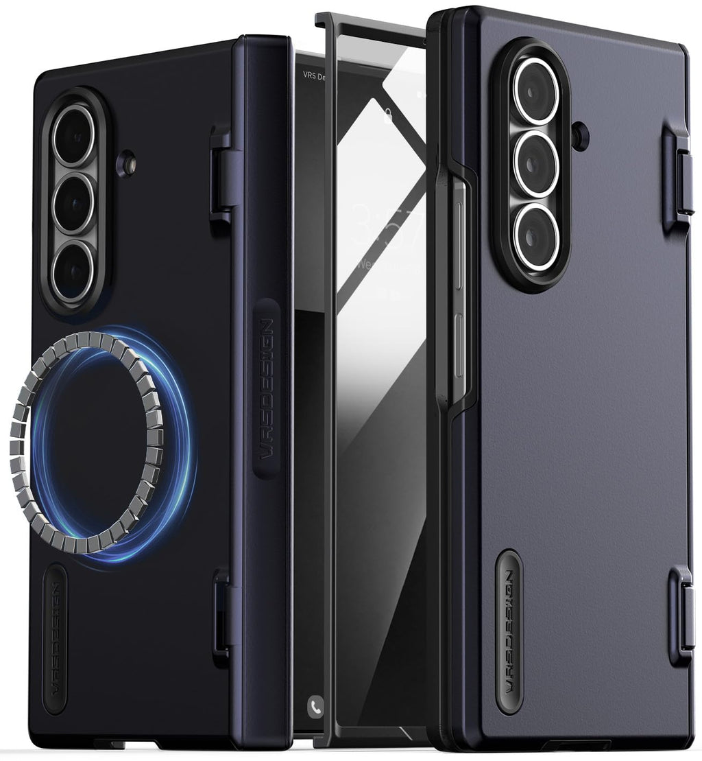 VRS DESIGN Terra Guard Modern for Galaxy Z Fold 7 (2025) – Magnetic Phone Case with Built-in Screen Protector, Rugged Dual Layer Protection & Spring-Loaded Hinge Cover (Navy)