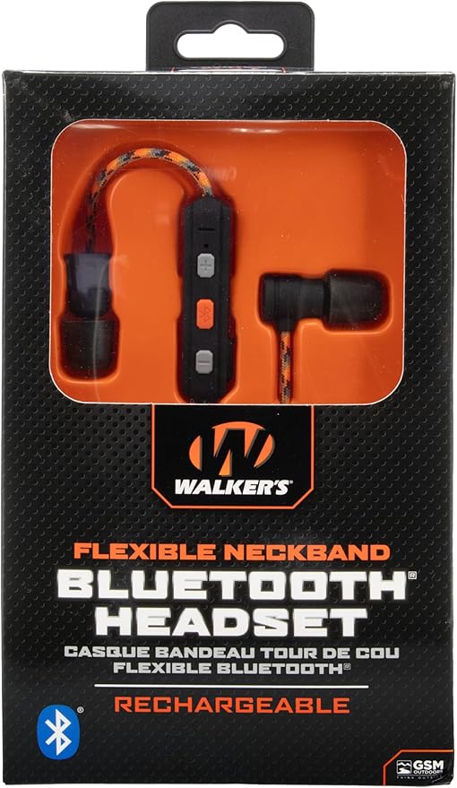 Walker's Flexible Bluetooth Neckband Headset 30 NRR Passive Hearing Protection Earbuds with 12" USB Charging Cable & EVA Carrying Case