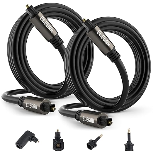 Elecan Optical Audio Cable 15 Ft/2 Pack Digital Audio Toslink Cable Cord-Fiber Optic-Gold Plated-Flexiable&Durable-for Home Theater,Sound Bar,PS4& Xbox-with Right Angled+Mini Toslink Adapters+Ties