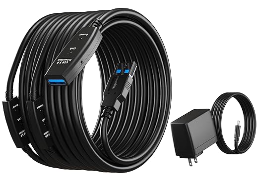 65 Feet Active USB Extension Cable 3.0 Male to Female with 3 Extension chipsets Signal Booster - Active Extension/Repeater Cord 20 Meters / 65 Feet (AC Power Supply Included)