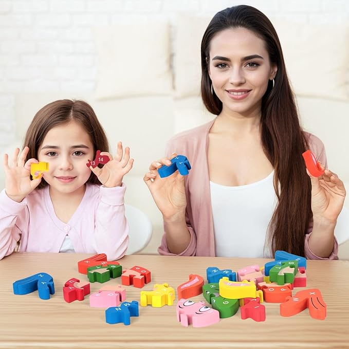LovesTown Rooster Wooden Puzzles for Toddlers, Montessori ABC Learning Toys for Kids Ages 3-6, 26 Letters, Colorful Educational GIFS