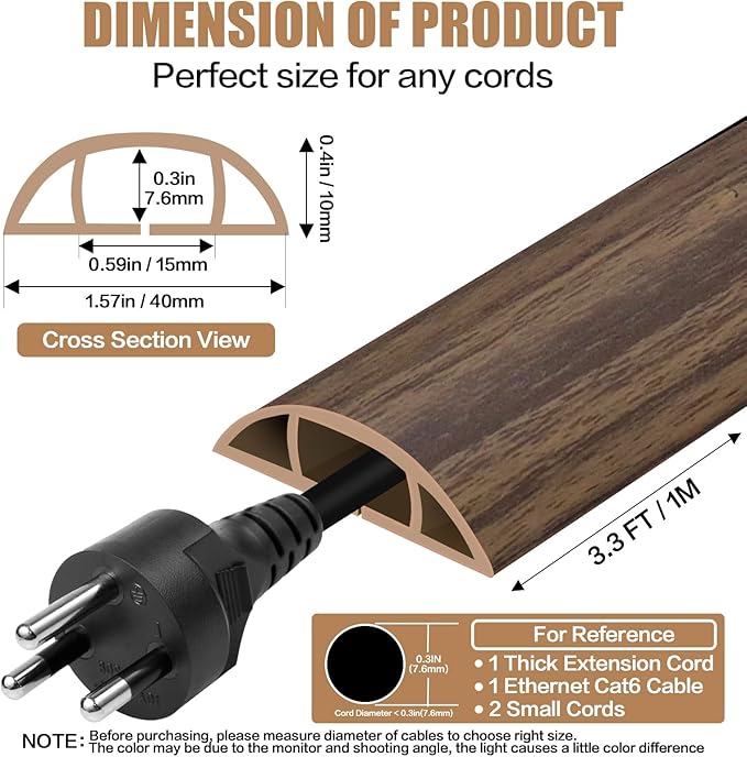 Floor Cord Cover Self Adhesive Cord Hider,3.3FT Cable Management, Extension Strip Protector for Wires, Prevent Cable Trips for Offices, Gyms, Exhibitions Cavity:0.51"(W) x 0.3"(H) Wood Walnut