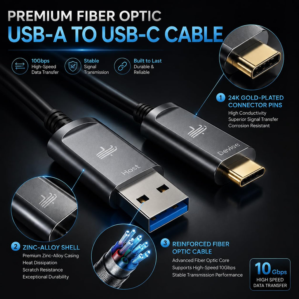 DWLCWY Fiber Optic USB A to USB C Cable 50ft 10Gbps Active Optical