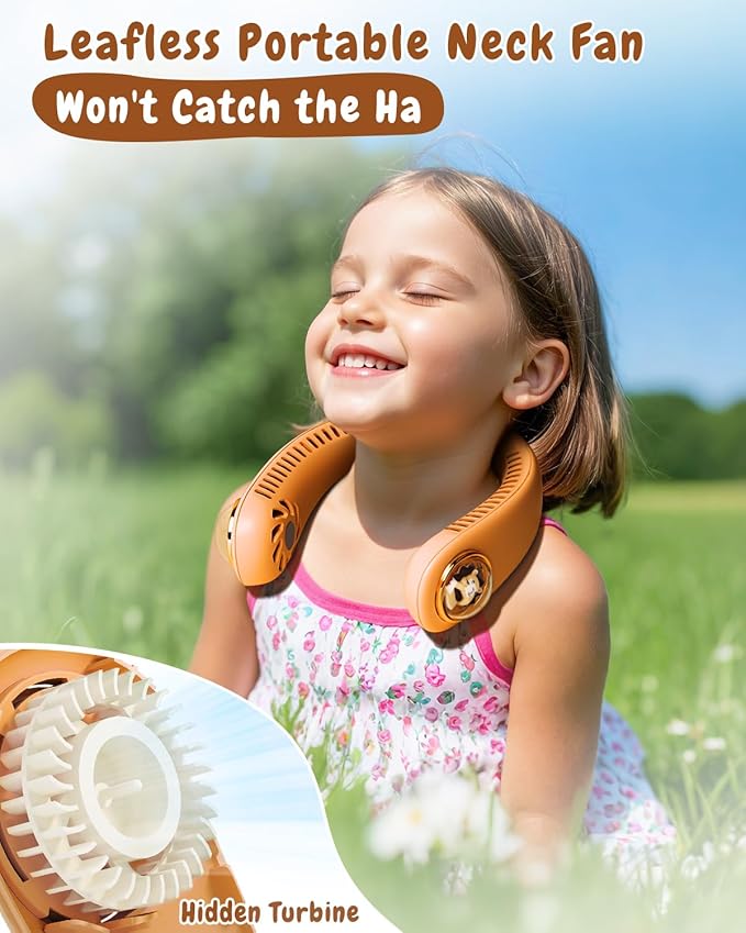 Neck Fan for Kids,Bladeless Portable Fan Rechargeable for 4-14Y Girls & Boys, 2400mAh USB Personal Cooling Mini Fan Rechargeable for Travel/Disney/Camping, 3 Speeds, Summer Essentials(Orange)