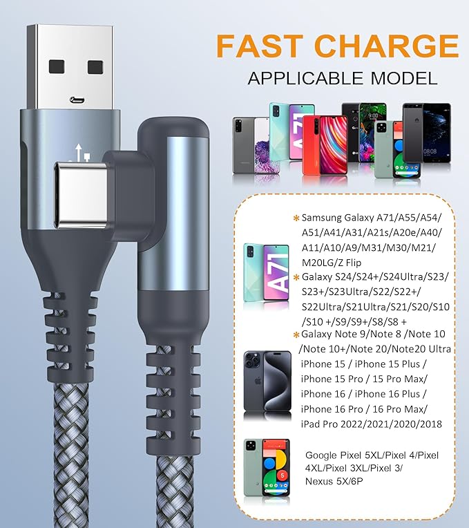 sweguard USB Type C Charger Cable Right Angle [3-Pack, 10FT+6.6FT+3.3FT] Nylon Braided Cord for iPhone 16 15 Pro Max Plus, Samsung Galaxy S25 S24 S23 S22 S21 S20 S10 Note Flip A54 A53, Pixel LG Moto