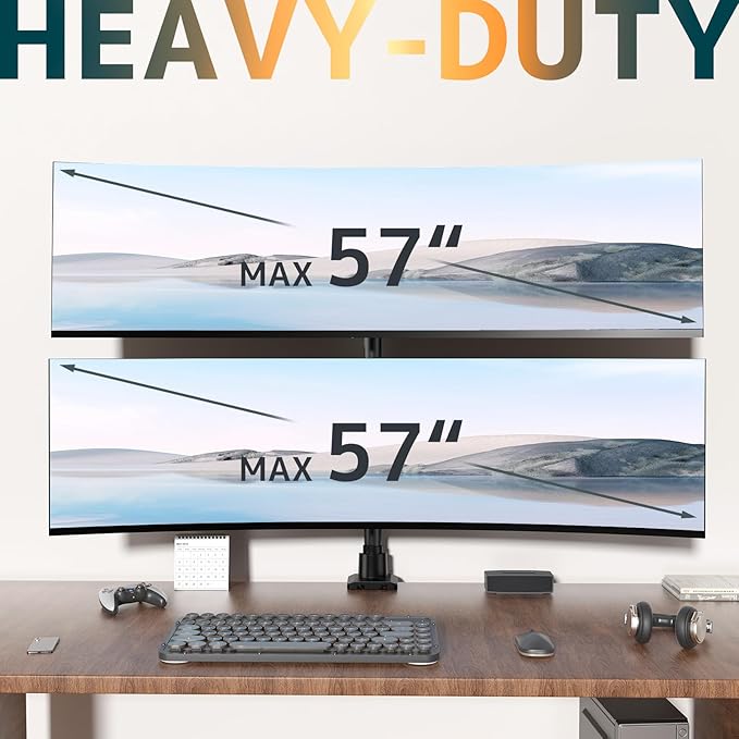 Dual Monitor-Arm Ultrawide Heavy Duty - 24-57 inch Vertical Dual Monitor Mount, Adjustable Stacked Double Monitor Desk Mount Stand, Max Load 59.4 lbs (per Screen), VESA 75 100 mm, Black