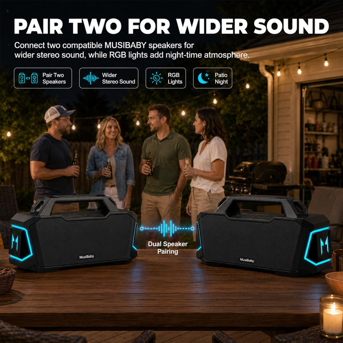 Musibaby 80W Portable Bluetooth Speaker, Loud Bass, IPX6 Waterproof, Black
