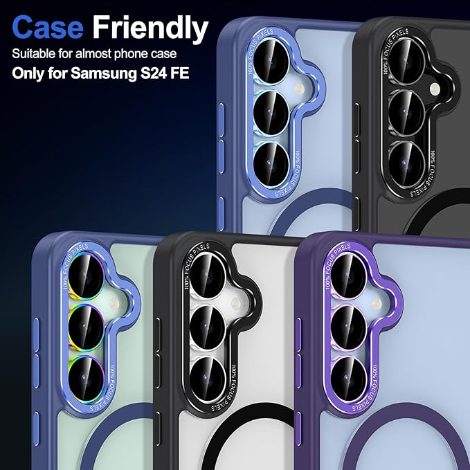 for Samsung Galaxy S24 FE Camera Lens Protector, Individual Metal Ring Tempered Glass Lens Cover, [Strong Adsorption] Scratch Resistant Ultra-Thin HD Clear Lens Cover, 1 Set-Colorful Ring