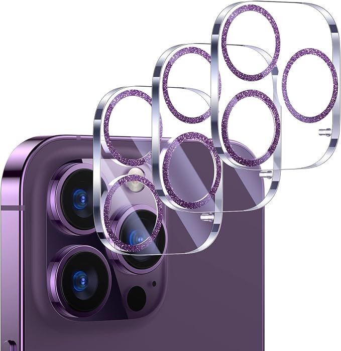 UniqueMe [3 Pack] Compatible for iPhone 14 Pro Max/iPhone 14 Pro Camera Lens Protector Tempered Glass,[Case Friendly][Scratch-Resistant][Night Shooting Mode]-Glitter Purple