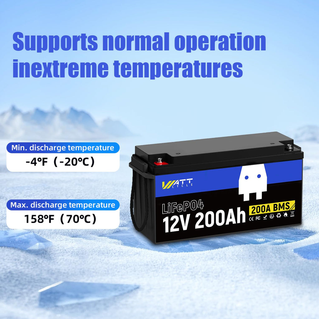 WattCycle 12.8V 200Ah LiFePO4 Lithium Battery 1 Pack - 15000+ Cycle Life, Integrated 200A BMS, Extreme Temperature Resilience - Perfect for RV, Camping, and Home Energy Storage.