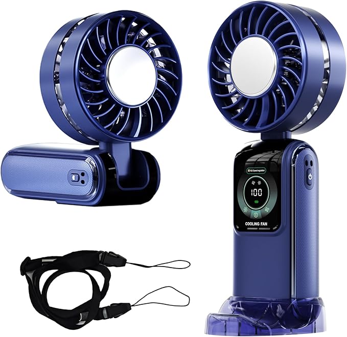 Blows Cold Air Portable Handheld Fan with Stand & Lanyard, 5000mAh USB-C Rechargeable Battery, 12H/5-Speed LED Display Mini Fan for Travel Beach Cruise Concerts Outdoor Events(Blue)