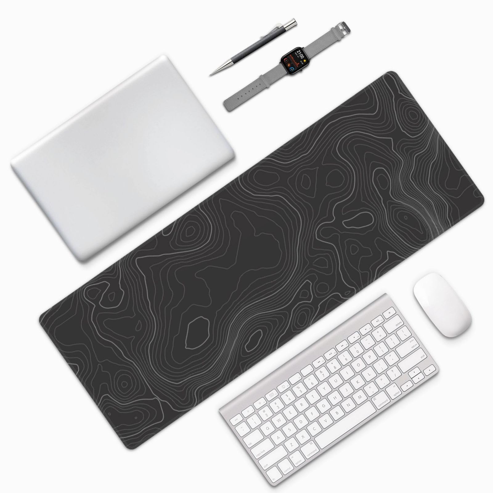 Topographic Contour Extended Big Mouse Pad Large,Gaming Mouse Pad Desk Pad,31.5×11.8 Inch Long Computer Keyboard Mouse Mat Mousepad with 3mm Non-Slip Base and Stitched Edge for Gaming and Office