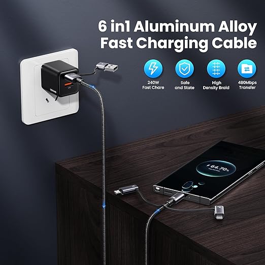 240W Multi Charging Cable, 4ft 6-in-1 USB C Cable Fast Charging Cords with USB-C/A Ports to IP/Type C/Micro Connectors for Pad/Cell Phones/Tablets/Laptop