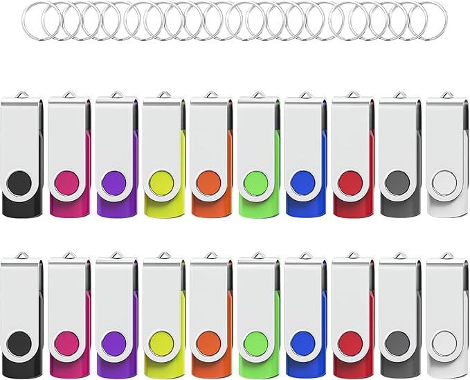 Flash Drives 16GB 20 Pack with Keychains, Swivel USB 2.0 Thumb Drives Bulk USB Drive Memory Stick Date Storage Pack (Mixcolors)