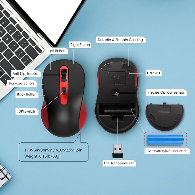 Wireless Mouse for Laptop, PC, Chromebook, Mac, MacBook, Silent Mouse with USB Nano Receiver, Side Button, 2400 DPI, Anti Slip Roller, 6 Button Ergonomics Cordless Computer Mice - Black Red