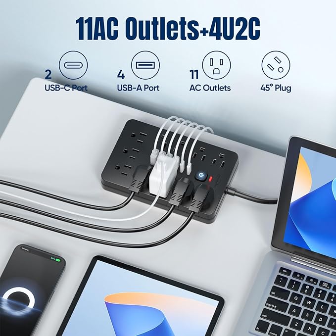 20 FT Flat Plug Surge Protector Power Strip,11 Multiple AC Outlets with 6 USB Ports (2 USB C), 20 Feet Extension Cord, 1250W/10A, One Touch Switch Button, 17 in 1 Compact powerstrip