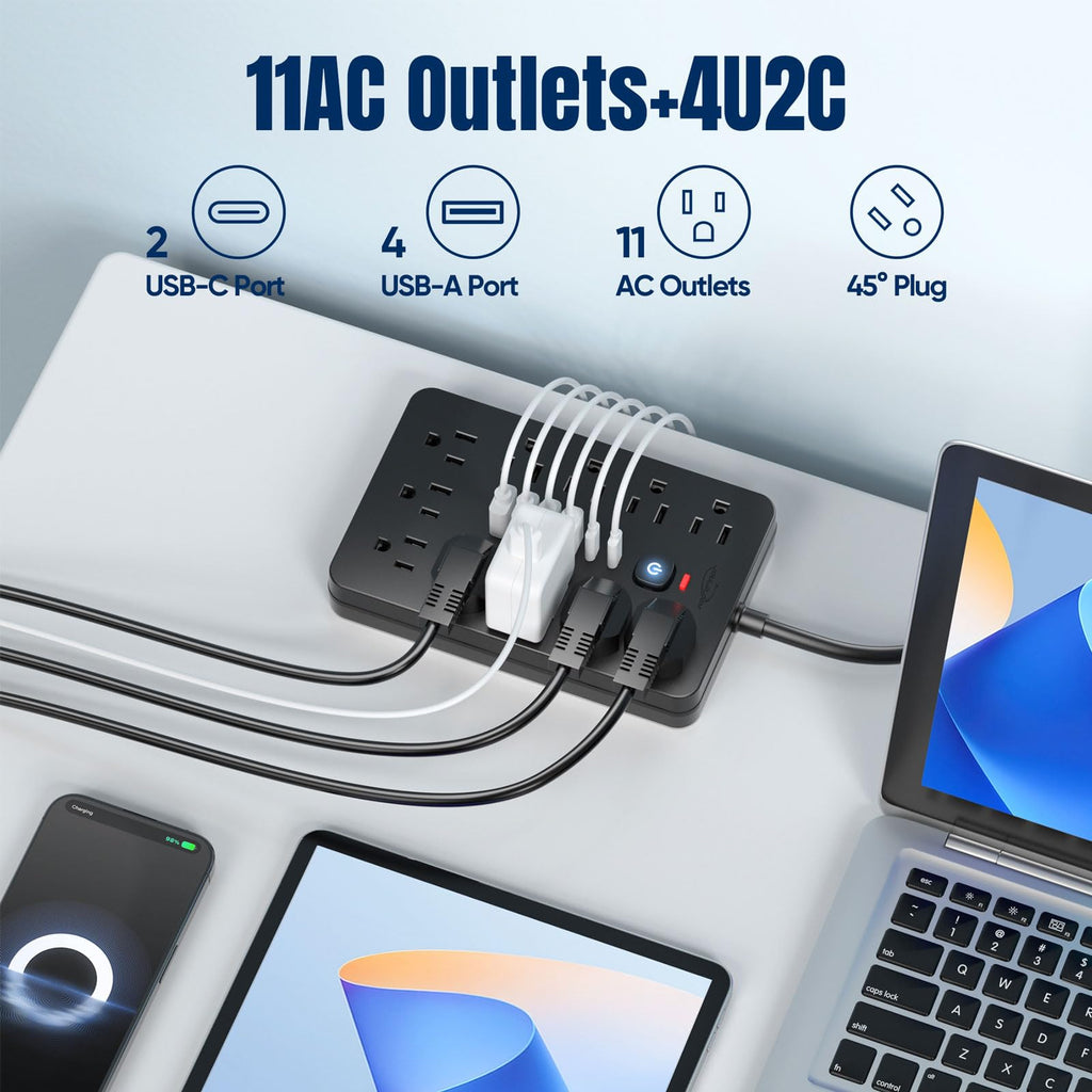 JouleLoom 15 FT Flat Plug Surge Protector Power Strip,11 Multiple AC Outlets with 6 USB Ports (2 USB C), 15 Feet Extension Cord, 1250W/10A, One Touch Switch Button, 17 in 1 Compact powerstrip
