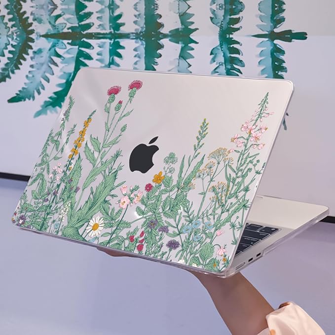 Compatible for MacBook Air 13.6 inch Case M4 M3 M2 2025 2024-2022 Release Model A3240 A3113 A2681, Printed Plastic Protective Hard Shell Cover for MacBook Air M4 13", Green Plants Flowers