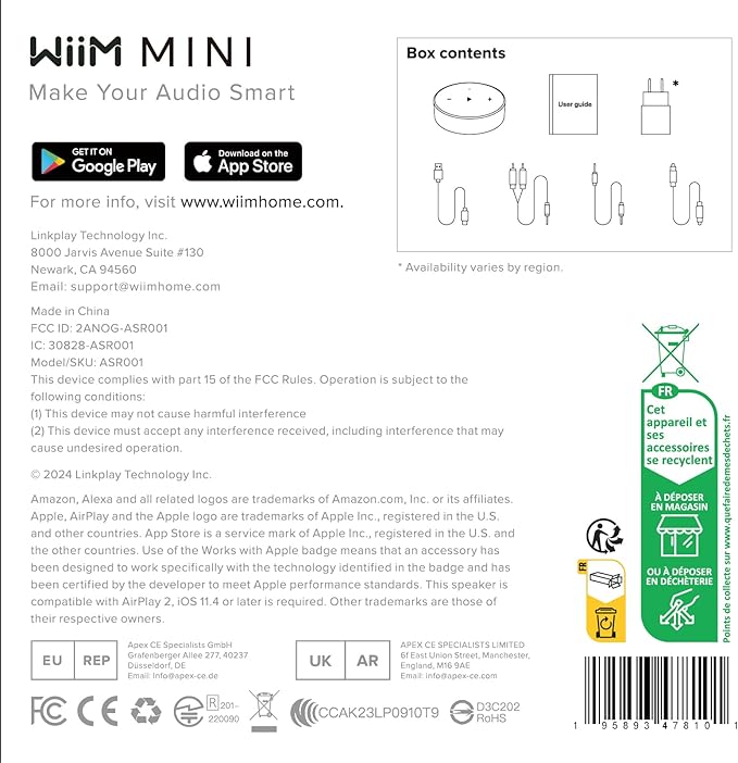 WiiM Mini AirPlay 2 Wireless Audio Streamer, Multiroom Stereo, Preamplifier, Works with Alexa and Siri Voice Assistants, Stream Hi-Res Audio from Amazon Music, Tidal and More