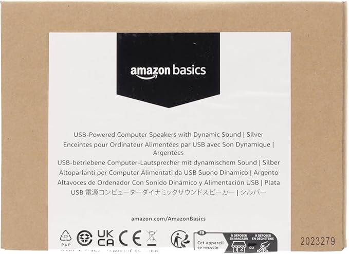 Amazon Basics Stereo 2.0 Speakers for PC or Laptop with Volume Control, 3.5mm Aux input, USB-Powered, 1 Pair, Silver