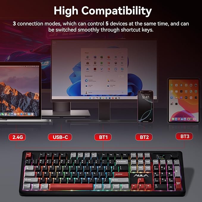 AULA F106 PRO Mechanical Wireless Keyboard,Gaming Keyboard with Knob & Screen Tri-Mode RGB Hot Swappable Custom PBT Keys with 8000mAh for PC/Laptop/Windows - Black Red