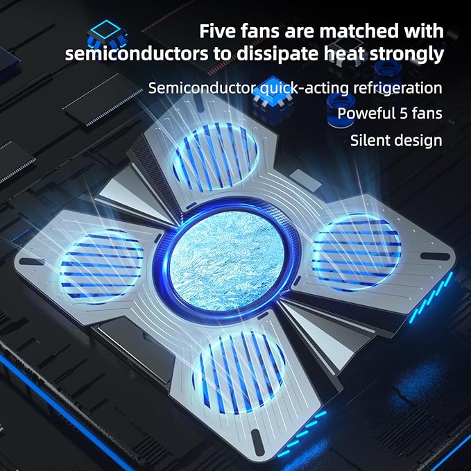 Thermoelectric Laptop Cooling Stand with 5 Fans - Adjustable Height for Laptops up to 19", Compatible with MacBook, Alienware, ROG & Gaming Laptops