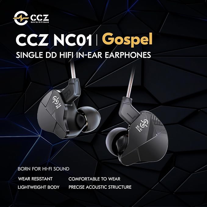 CCZ NC01 Gospel Gaming Earbuds, Stereo Sound in Ear Monitor Headphone Wired, Customized Dual Magnetic DD IEMS Earphone with Detachable Tangle-Free Cable PC Cavity for Computer(without mic,Clear Black)