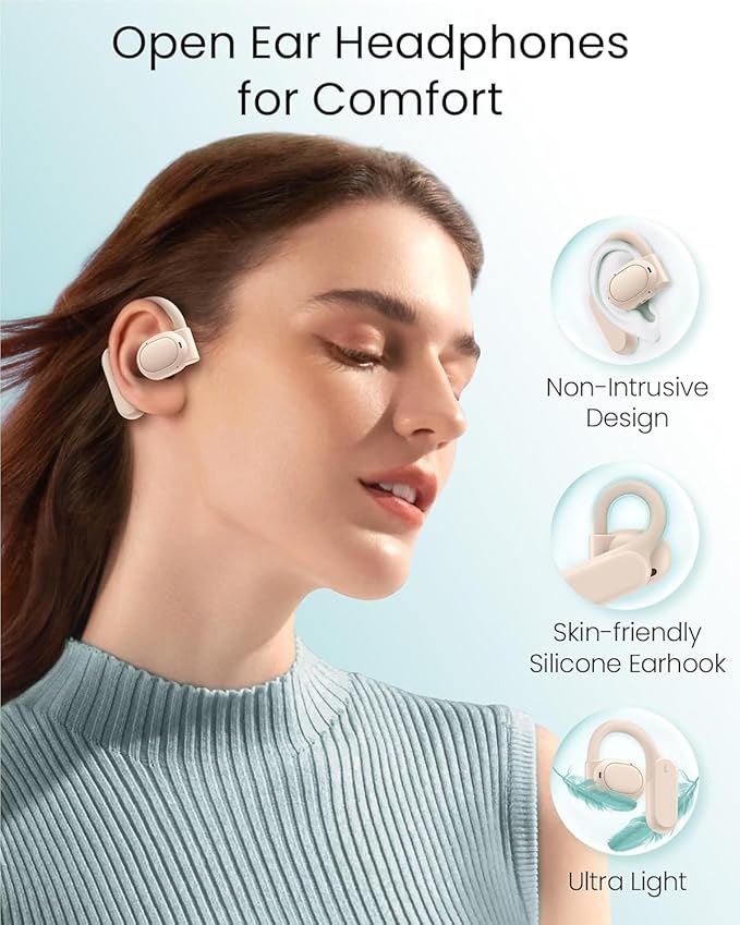 TAGRY Open Ear Earbuds Wireless Bluetooth Headphones 80Hrs Playtime Ear Buds with Earhooks IPX7 Waterproof Touch Control Earphones Sport Headsets for Workout Running Beige