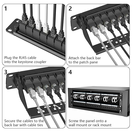 Jadaol 24 Port Patch Panel Rackmount or Wall Mount 19-Inch, 1U Cat6 Network Panel Preloaded with 24 Keystone Couplers plus 1 Spare, 10Gbps Ethernet Patch Panel with Cable Management & Back Support Bar