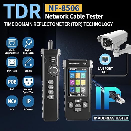 NOYAFA NF-8506 Network Cable Tester with RJ45 Crimp Tool, CAT5 CAT6 Network Tester, IP Scan, PoE Ping Test, Network Rate Test, Port Flashing, RJ45 RJ11 Ethernet Cable Tester with Crimper Stripper