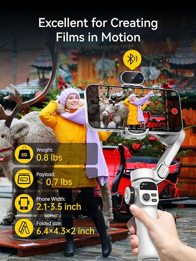 Gimbal Stabilizer for iPhone, Phone Gimbal with AI Tracking Sensor for Vlog Recording, 3-Axis Phone Gimbal with 7.8' Extension Rod and OLED Display for iPhone/Android-Smart X2 AI White