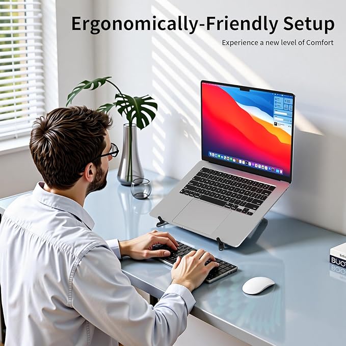 Adjustable Laptop Stand for Desk, Magnetic Phone Holder with Magsafe Compatibility, Portable Foldable Computer Riser for MacBook, iPhone, iPad, Tablet - Perfect for Office, Home, Traveling
