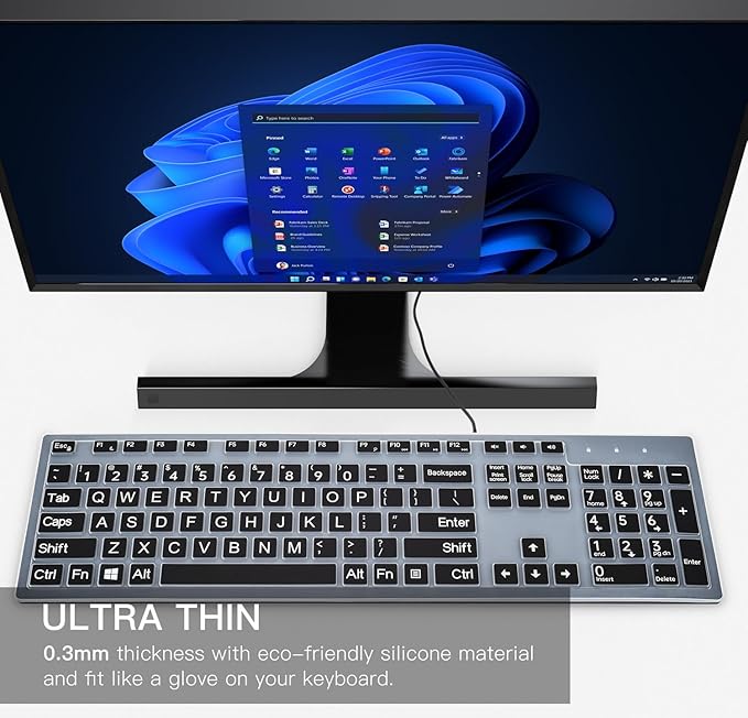 Keyboard Cover with Large Letters Compatible with DELL KB216 KB216b KB216t KB216d KB216p Wired Keyboard/DEll KM636 Wireless Keyboard Protector -Black