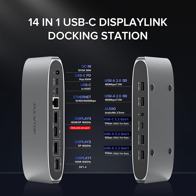 PULWTOP DisplayLink Docking Station Triple Display 4K@60Hz for Mac/Windows