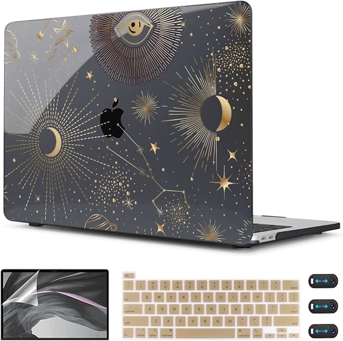CISSOOK Case for MacBook Pro 13 Inch 2025-2020 Release Model M2 Chip A2338 M1 A2251 A2289, Black Style Hard Cover with Keyboard Cover for M2 MacBook Pro 13 with Touch Bar，Moon Star