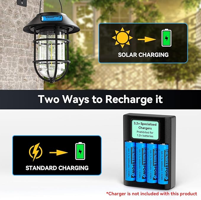 Henreepow AA 3.2v Solar Rechargeable Batteries, LiFePo4 Double A 600mAh 3.2v 1.92wh Solar Battery, 3.2v Rechargeable Batteries for Solar Lights, Wall Lantern, Solar Post Lights（AA-3.2v-6pack）