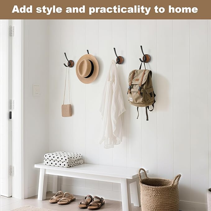 kuaima Coat Hooks Wall Mount, Round Walnut Wood Wall Hanger with Metal Double Hooks, Towel Robe Hooks Heavy Duty, Small, 4 Pcs
