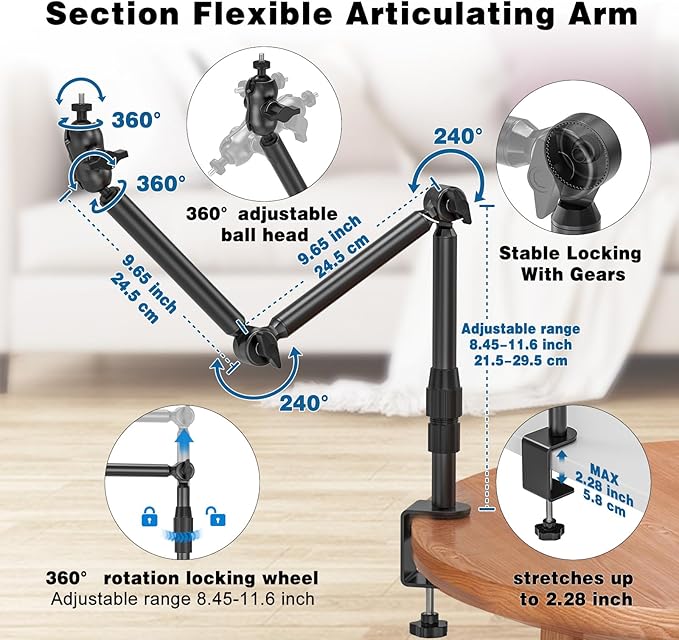 Overhead Camera Mount for Desk, 30.9" Foldable Camera Desk Mount Stand with 1/4" Screws, 360° Rotation 3-Sections Tabletop Holder with C-Clamp for DSLR, Digicam, Webcam, Mini Projector, Microphone