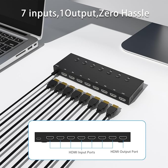 Y.D.F 7 Port HDMI Switch, 4k@60Hz HDMI Switcher 7 in 1 Out HDCP 2.0 Manual HDMI 2.0 Hub Support 3D Compatible with Nintendo Switch/OLED/Xbox/ PS5/4 Blu-Ray Player Fire Stick Roku Apple TV Chromeca